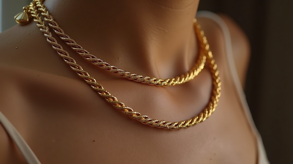 Close-up view of a gold rope chain necklace