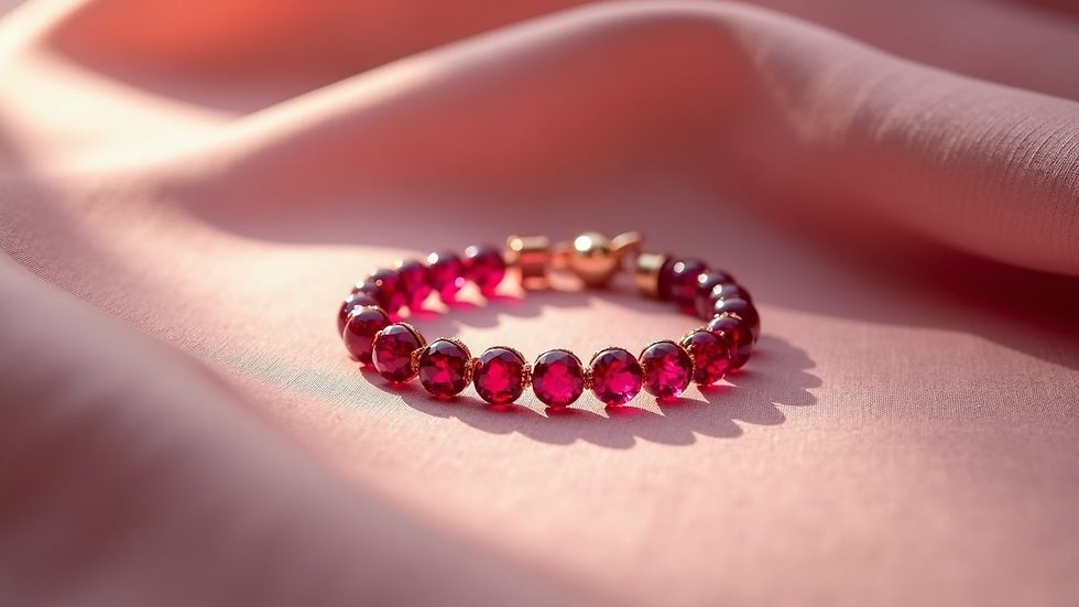 Eye-level view of a ruby bracelet elegantly rested against soft fabric