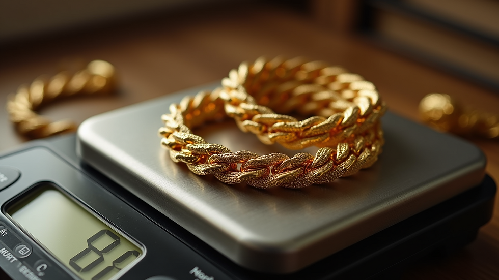 High angle view of a gold chain on a scale showing its weight