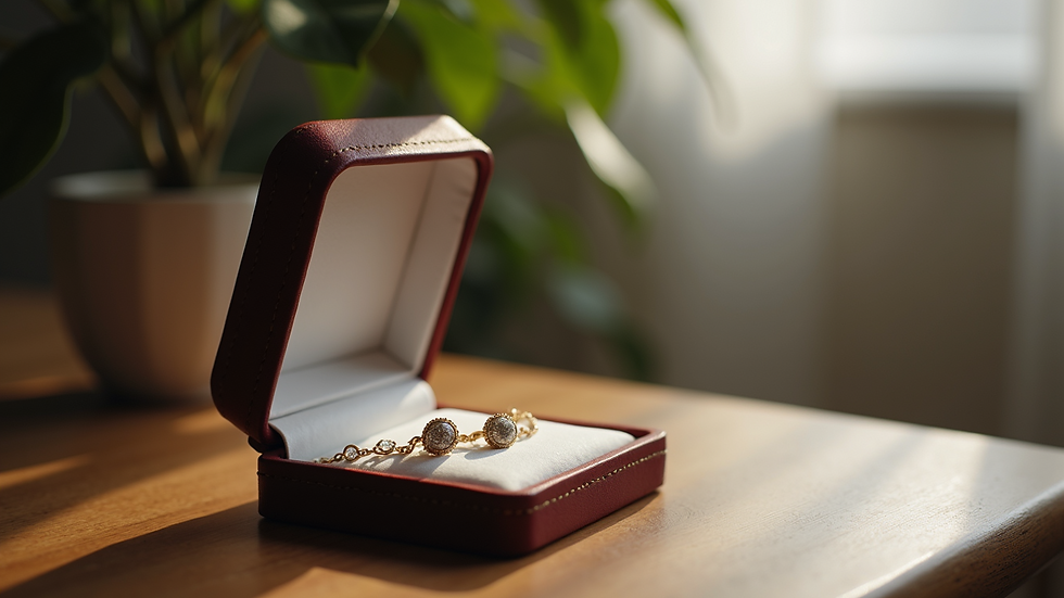 Eye-level view of a jewelry box with a necklace and earrings