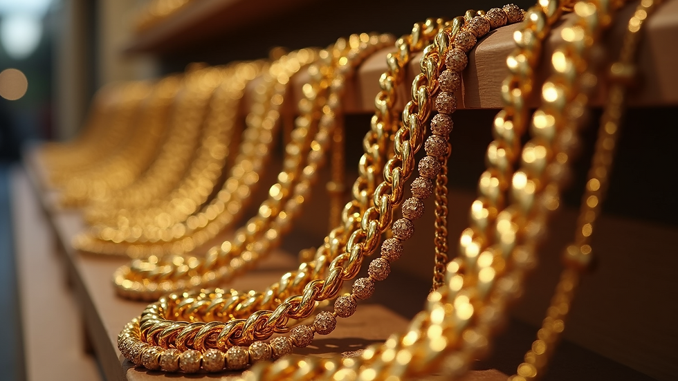 Eye-level view of various gold chain styles displayed on a jewelry stand