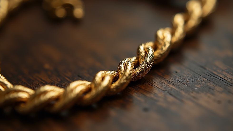 Close-up view of a gold rope chain necklace
