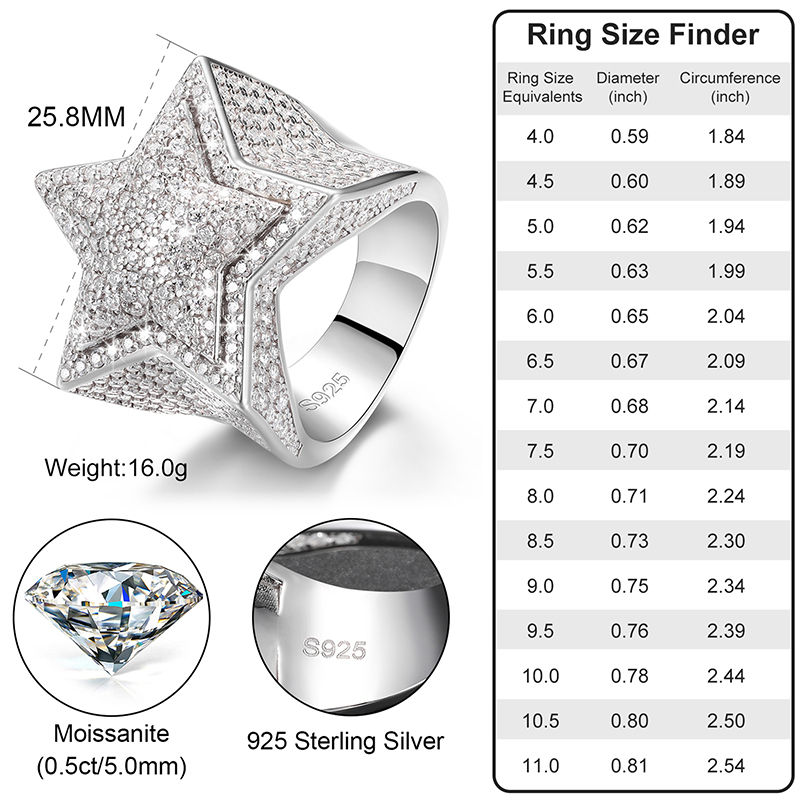 Thumbnail: Iced Out 925 Sterling Silver VVS Moissanite Diamond Star Ring for Men Women