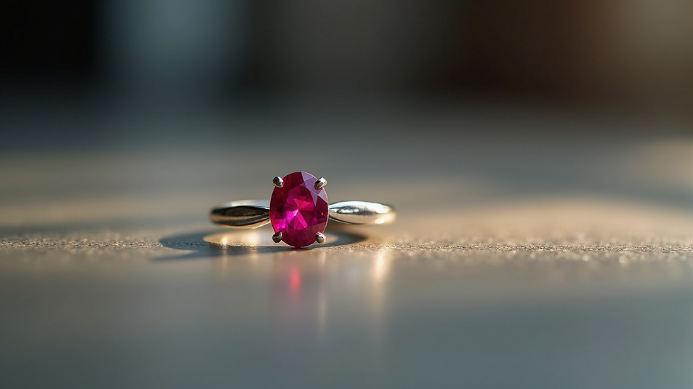 Eye-level view of a delicate 18K white gold ring with a vivid ruby