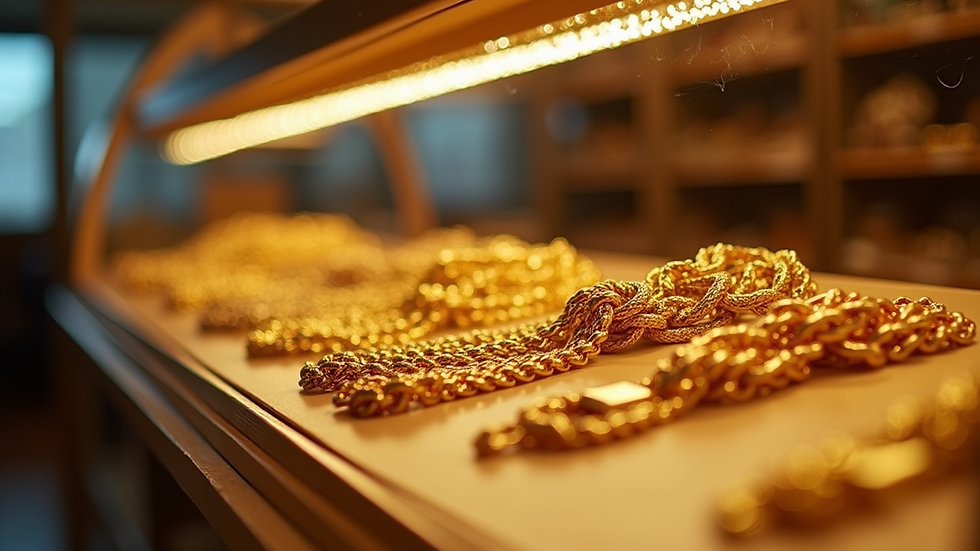 Eye-level view of a display with various gold chain styles