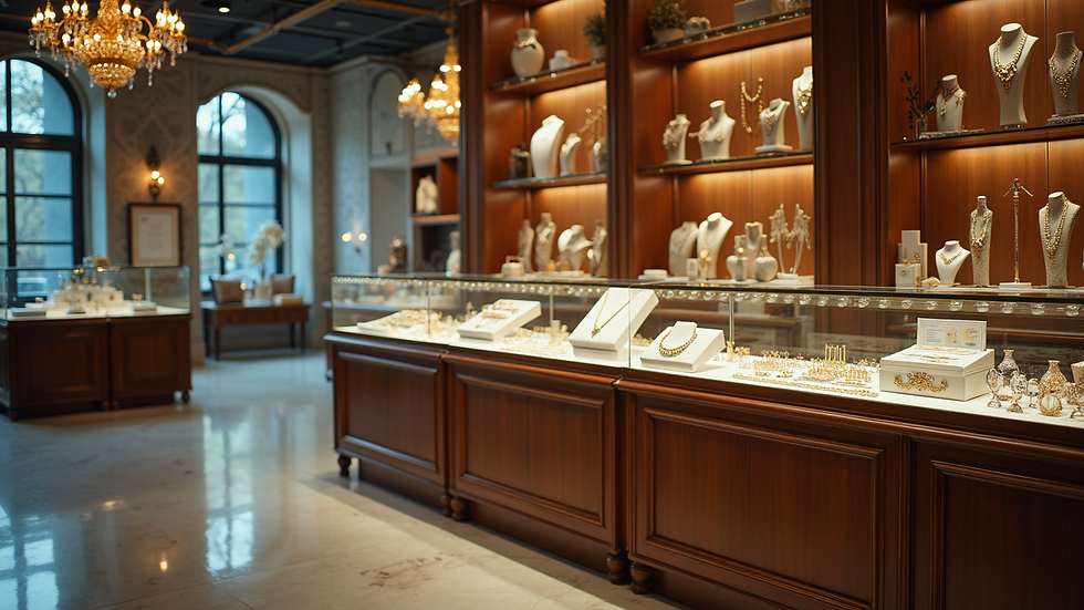Wide angle view of a jewelry store surrounded by beautiful sparkling accessories