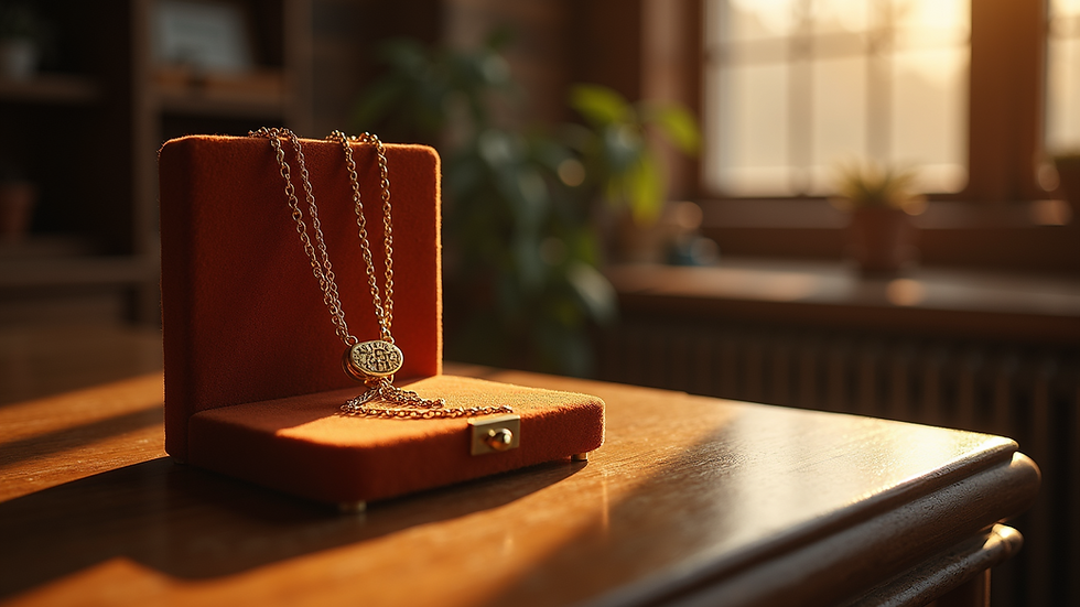 Eye-level view of a gold box chain necklace displayed on a velvet stand