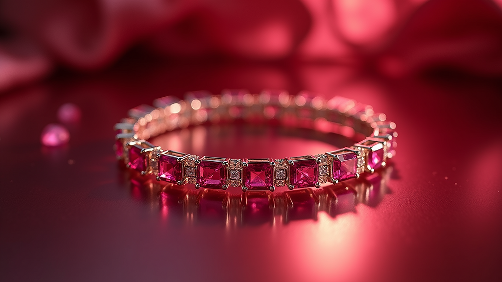 High angle view of a ruby bracelet shimmering against a reflective surface