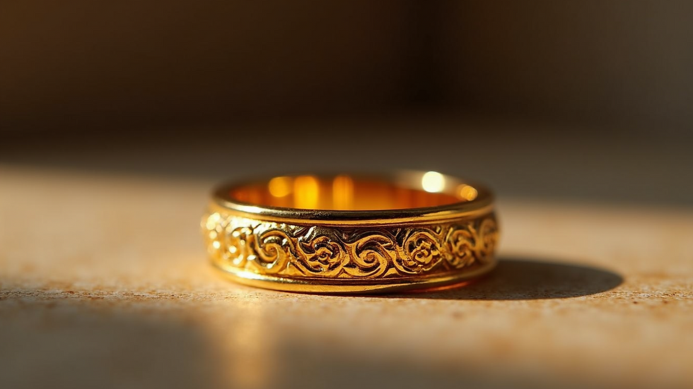 Close-up view of a classic 24K pure gold ring with intricate design