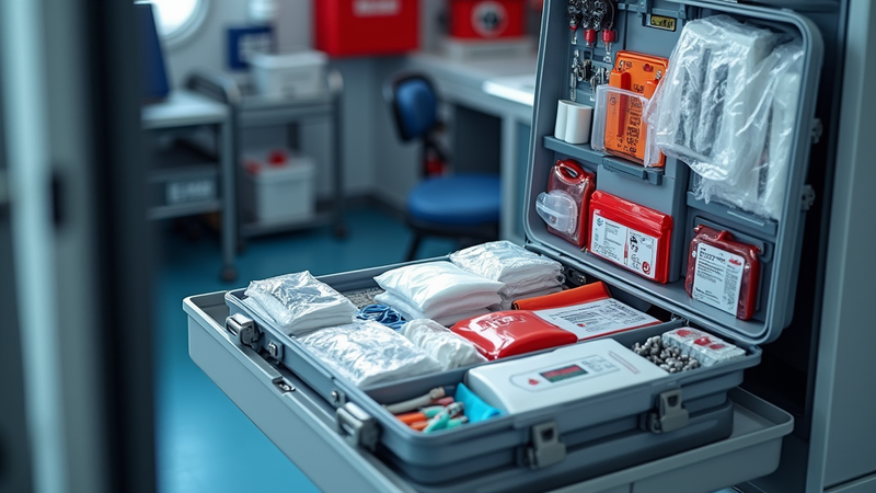 Open, organized medical kit displaying diverse essential supplies.
