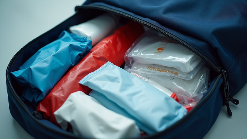 Open blue backpack filled with organized emergency medical first aid supplies.