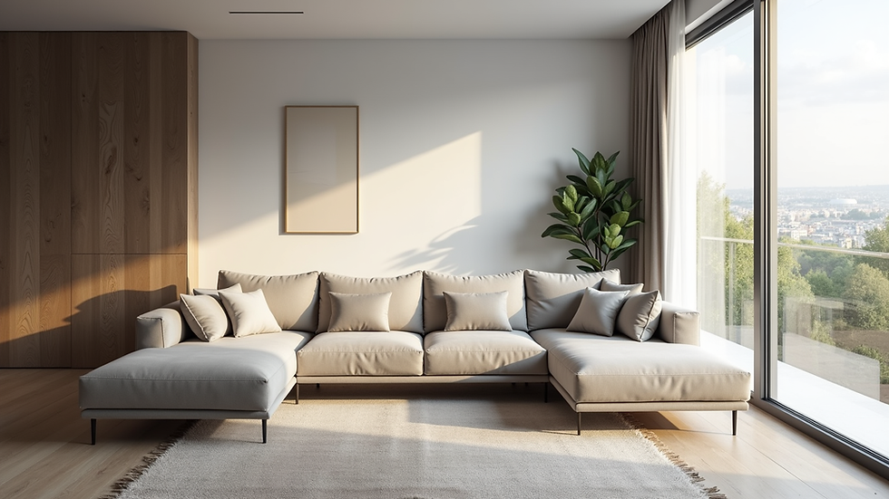 Eye-level view of modern sofa Matteo in a bright living room