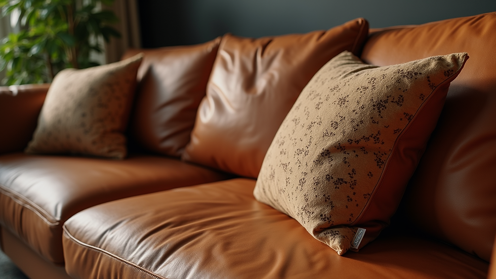 Close-up view of a luxurious leather sofa with decorative cushions