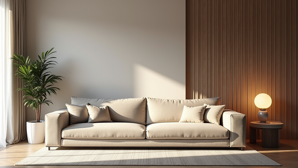 Vista lateral de sala con sofá de lujo y decoración elegante