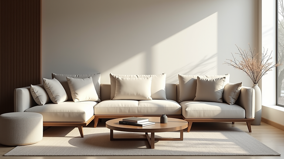 Eye-level view of a modern luxury sofa in a bright living room