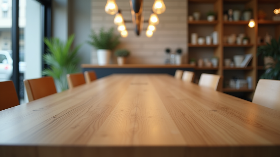 Close-up view of wooden dining table with chairs in showroom