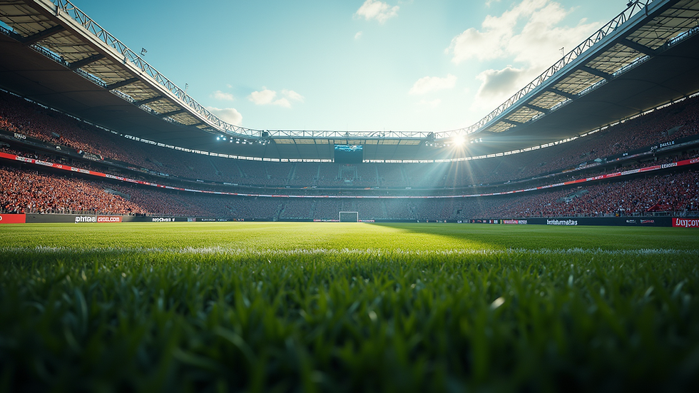 Eye-level view of a rugby stadium filled with cheering fans