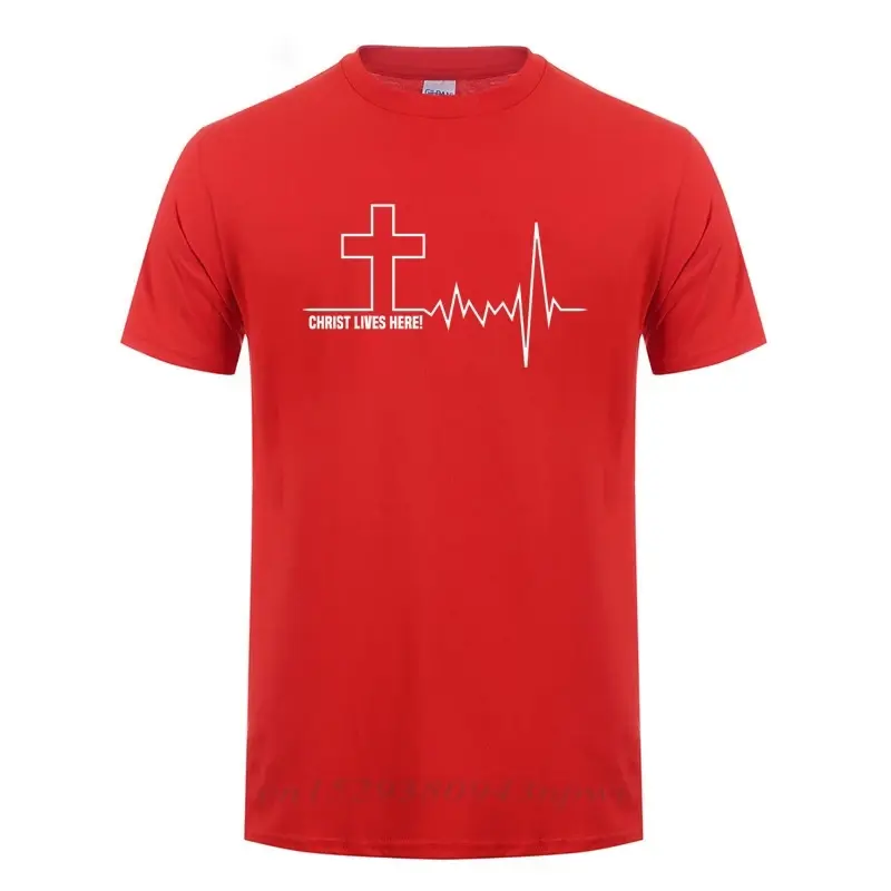 Thumbnail: Christ Lives Here Cross Heartbeat Faith Inspirational Short Sleeve Cotton Tshirt