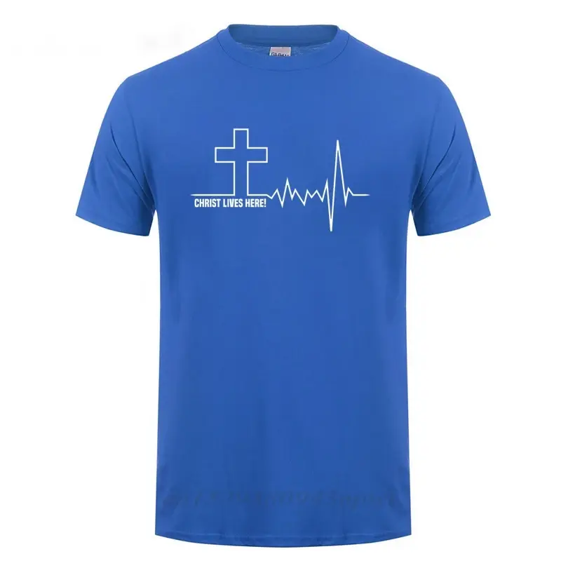Thumbnail: Christ Lives Here Cross Heartbeat Faith Inspirational Short Sleeve Cotton Tshirt