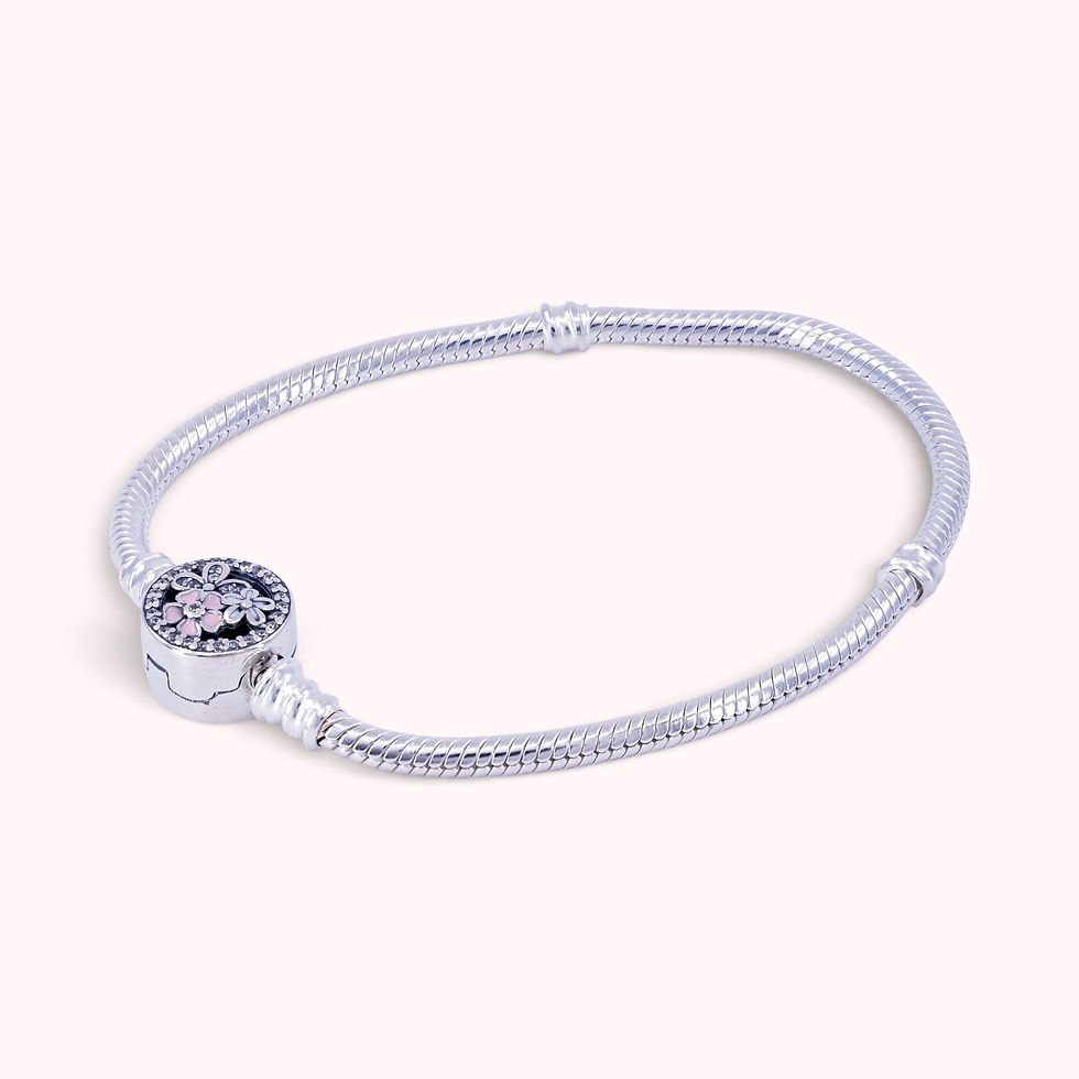 Miniatura: 925 Sterling Silver Floral Charm Snake Chain Bracelet, 7 Inch, SB0147
