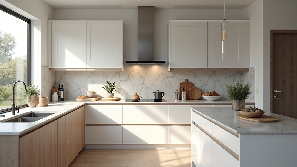 Eye-level view of a modern kitchen remodel with new cabinets and countertops