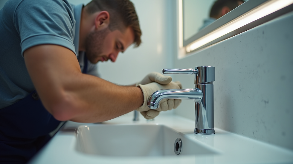 Close-up view of a plumber installing a new faucet in a bathroom