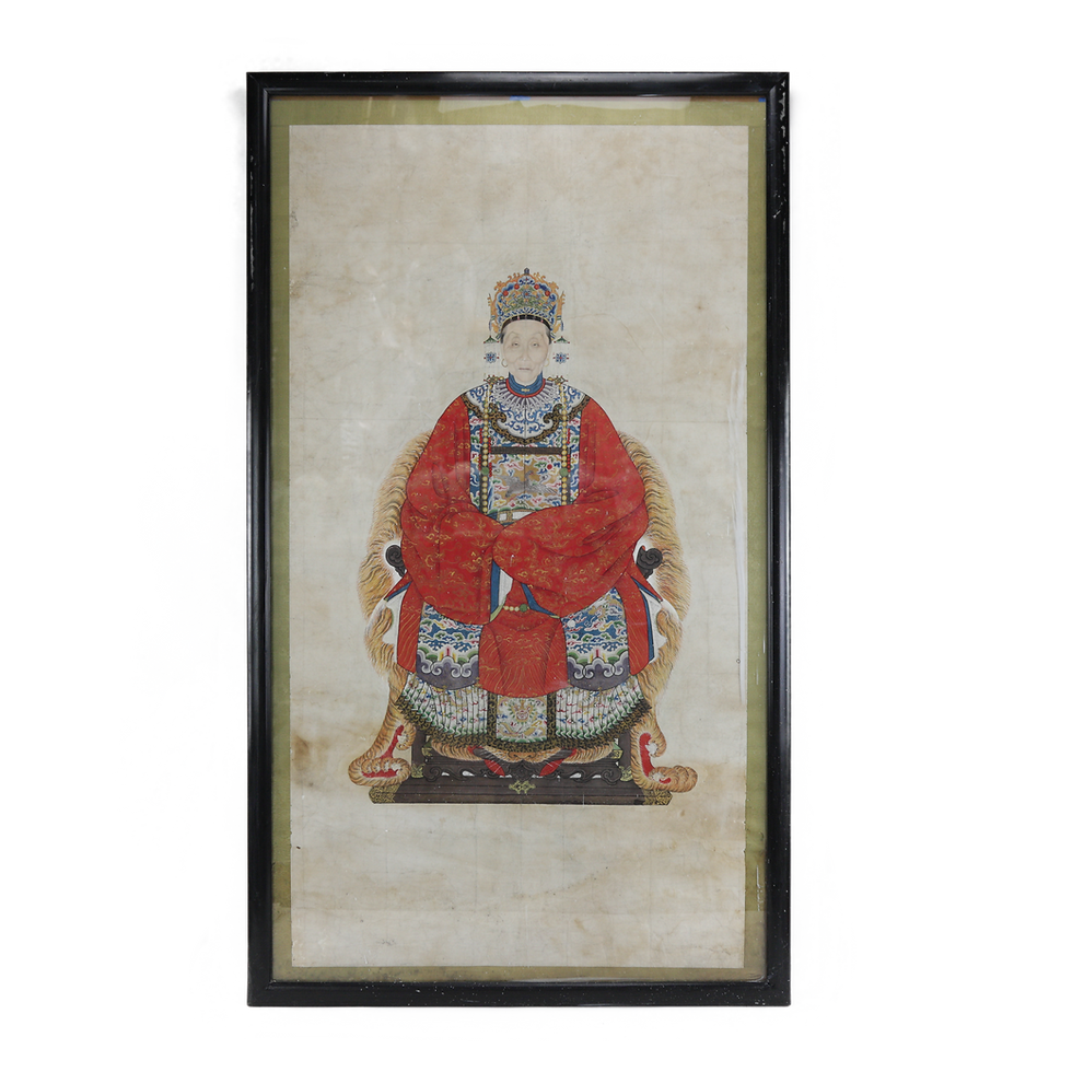 Thumbnail: Large Framed Mid-Qing Dynasty Chinese meticulous Ancestor Portrait in Red