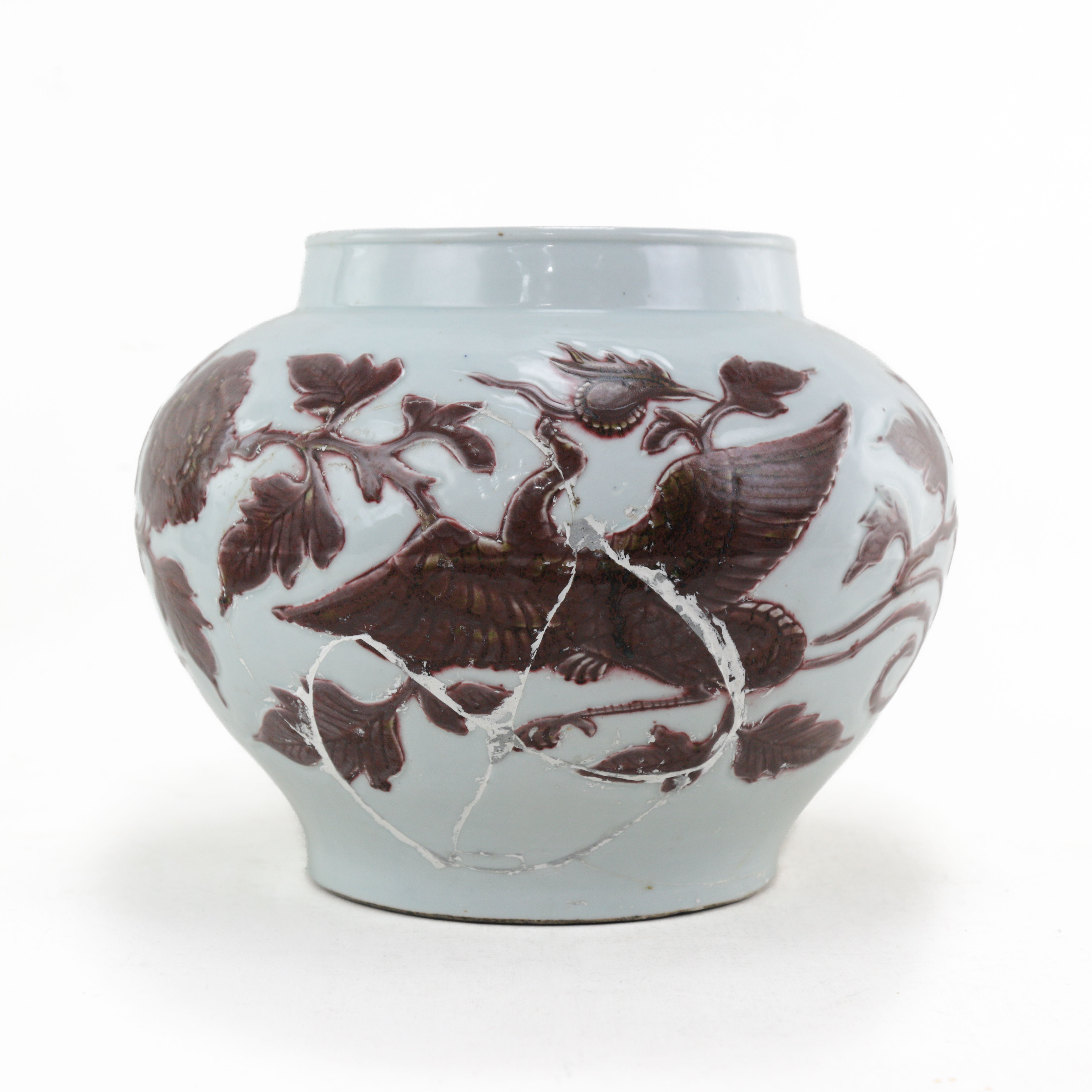 Large Yuan Dynasty Underglaze Red Phoenix Jar (Damaged, Restored)