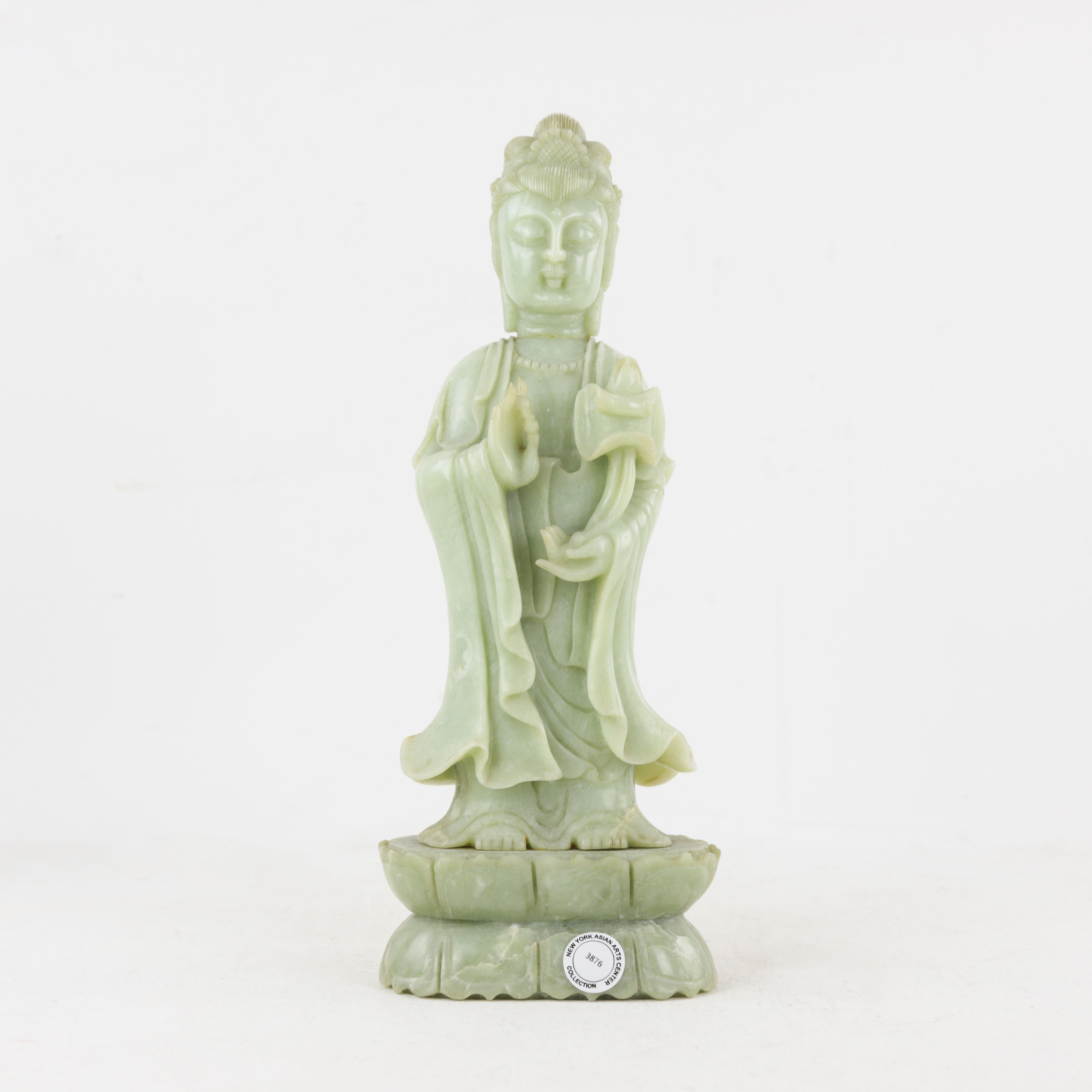 Early 20th Century Chinese Green Jade Standing Guanyin