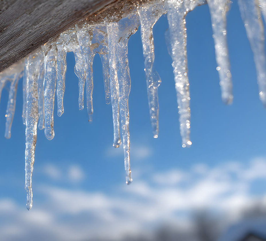 Icicles hanging from a roof on a Muskoka property in winter, showing ice buildup caused by melting snow and drainage issues