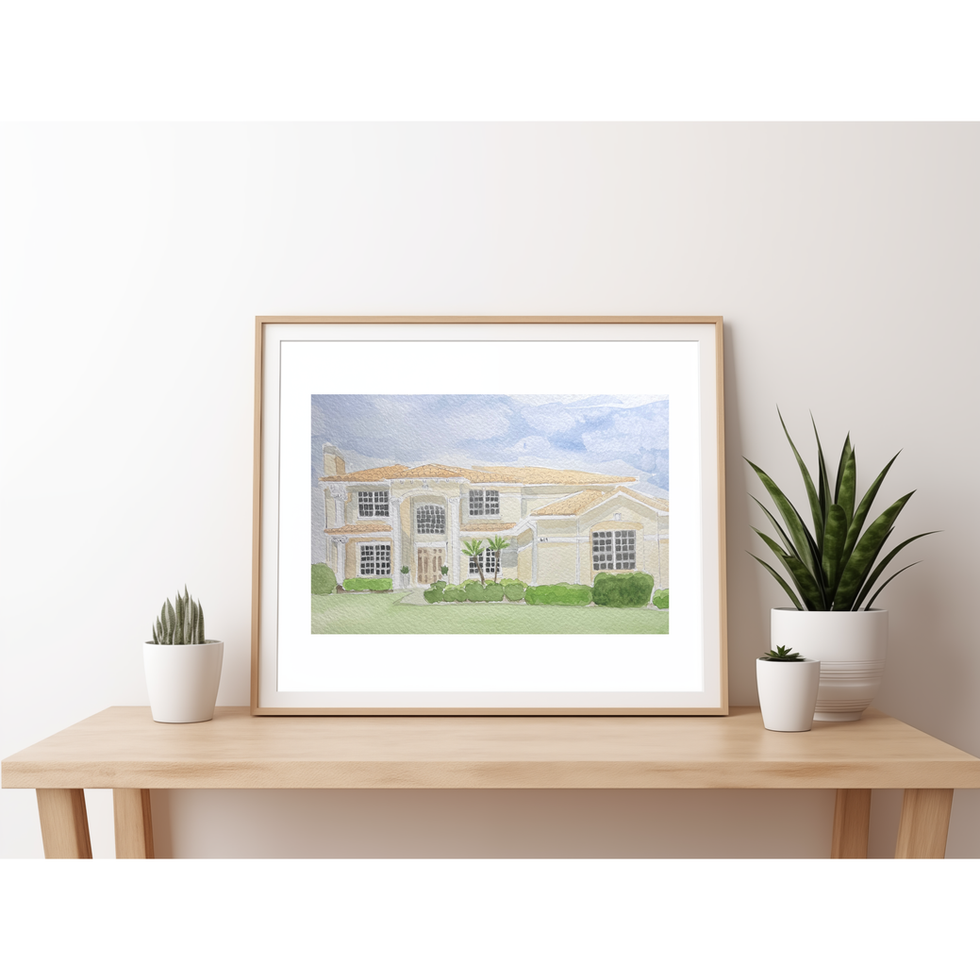 Watercolor painting of a meaningful place, including homes, businesses, and special locations