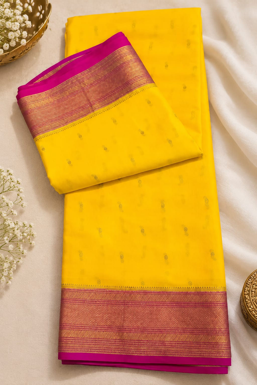Pure mysore crepe 140 gsm - Yellow with magenta