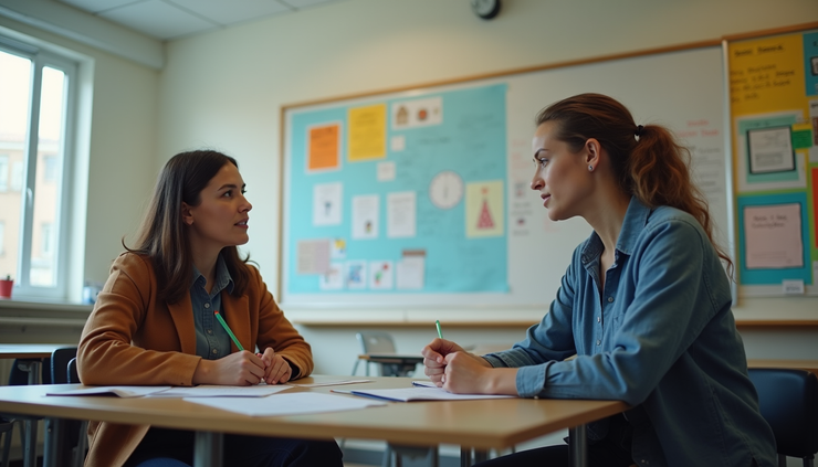 Eye-level view of a teacher collaborating with a colleague in a classroom filled with student work and instructional materials