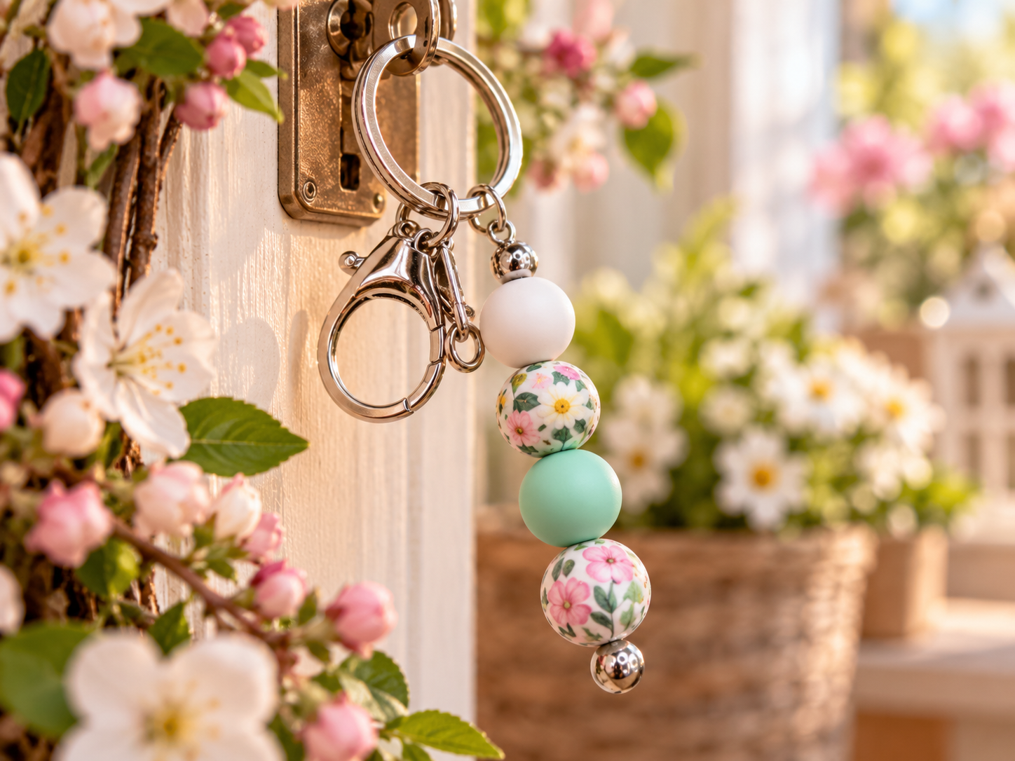 Schlüsselanhänger mit Silikonperlen in weiß und mint floral