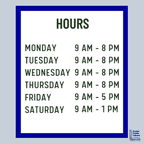 Hours of Operation Monday, Tuesday, Wednesday, Thursday 9 AM to 8 PM. Friday 9 AM to 5 PM and Saturday 9 AM to 1 PM. Closed Sundays