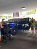 Members of the public interacting with a police car.