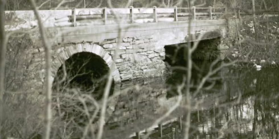 Stone bridge with two arches spans a calm river, surrounded by bare branches. Rustic setting with muted tones, creating a serene mood.