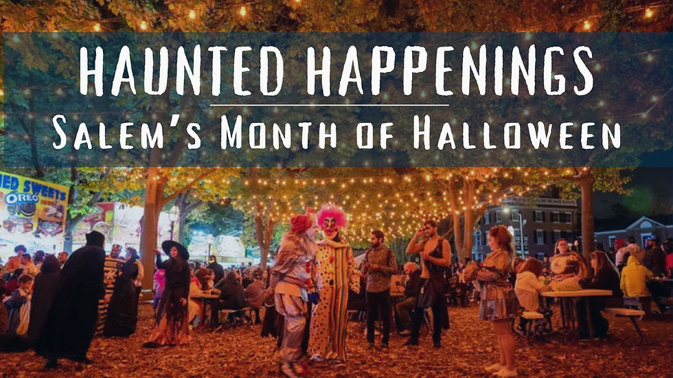 People in Halloween costumes gather under string lights in a festive park. A sign reads "Haunted Happenings: Salem’s Month of Halloween."