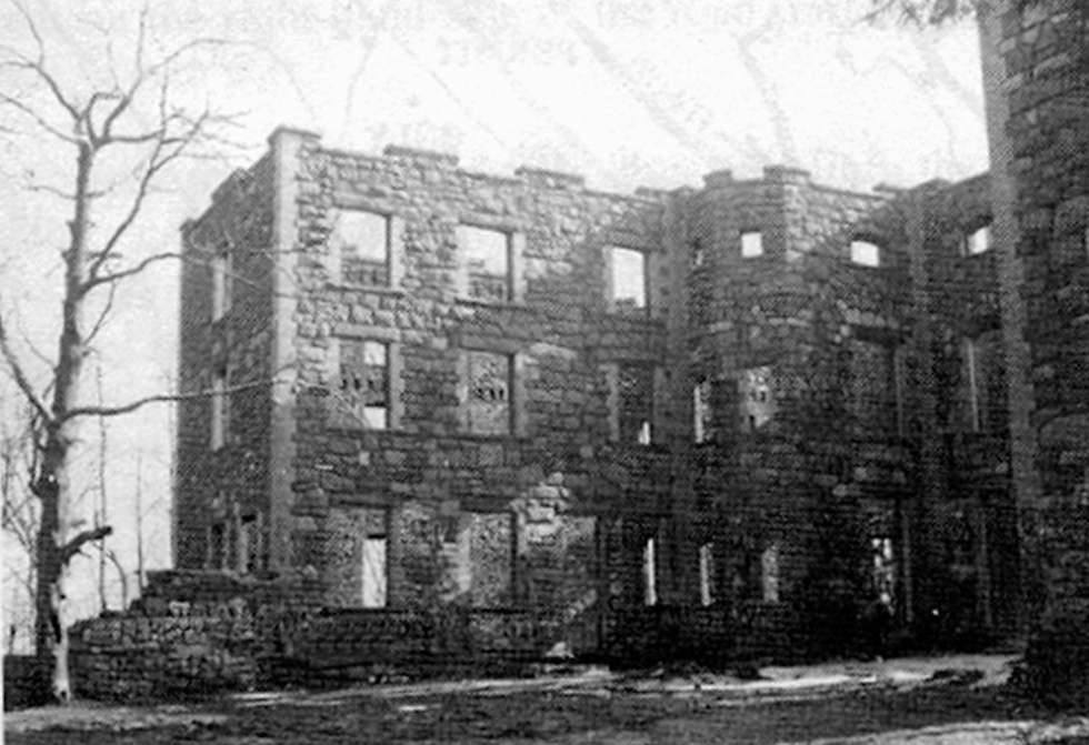 Ruins of a stone building with empty window frames. A bare tree stands nearby. The scene feels desolate and historic. Monochrome.