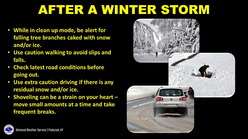 Winter safety advisory. Images: snowy trees, person shoveling, car on icy road. Text: Safety tips post-storm, caution urged.