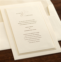 Invitation HER-ERQ-Z

Cream 130# Cover (Top Layer)

Stardream Opal Cover previously called Pearl,  1/8" reveal  (Middle Layer) 

Cream 130# Cover, 1/2" reveal  (Bottom Layer)

Espresso Thermography previously called Mink (Wording)

Espresso Thermography at 25% (Motif)

5.25" x 7.75" (A8, Classic Card Size)

 

 

Cream A8 Square Flap Envelope (optional colors and flaps)

Envelope Liner (optional) - Stardream Opal Text previously called Pearl

Return Addressing (optional)

Digital Guest Addressing (optional)