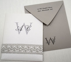 Traditional
Traditional wedding invitations with timeless style

Traditional presentation in classic black and white
Ultrafine paper stock from 100 lb. cover to double and quadruple thick
Timeless block lettering, cursive lettering or both
Add papercraft and color accents as you wish
Includes one-of-a-kind handmade envelopes
