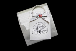 White quilted shopping bag style holiday wishes holiday card with shiny silver envelope 