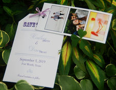 Purple and white save the date with photos