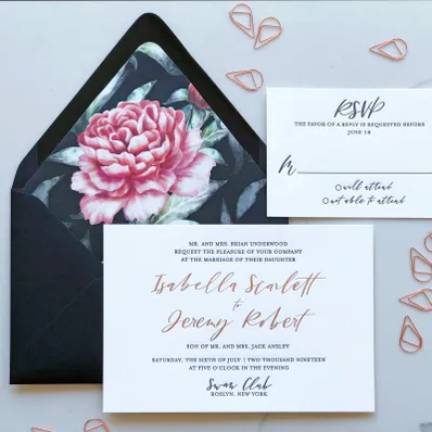 THE DETAILS
Process: Foil, Letterpress, Envelope Liner
Foil: Rose Gold
Ink:Black
Paper: Bright White Cotton