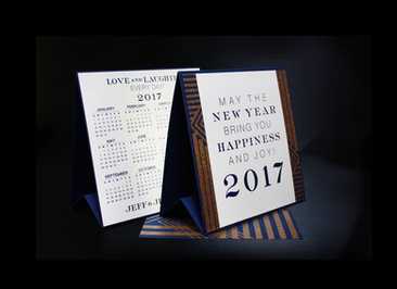 Gold and navy New Year's card and foldable calendar, "MAY THE NEW YEAR BRING YOU HAPPINESS AND JOY! [year]"