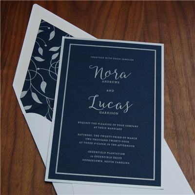 Invitation ALW-HAR-INU

Twilight Cover previously called Navy (Top Layer)

Silver Flat (Wording)

Stardream Silver Cover previously called Mica, 1/8" reveal  (Bottom Layer)

5.25" x 7.75" (A8, Classic Card Size)

 

 

Upgrade White A8 French Flap Envelope (optional colors and flaps)

Envelope Liner (optional) -  Tendril Text, while supplies last

Return Addressing (optional)

Digital Guest Addressing (optional)

 