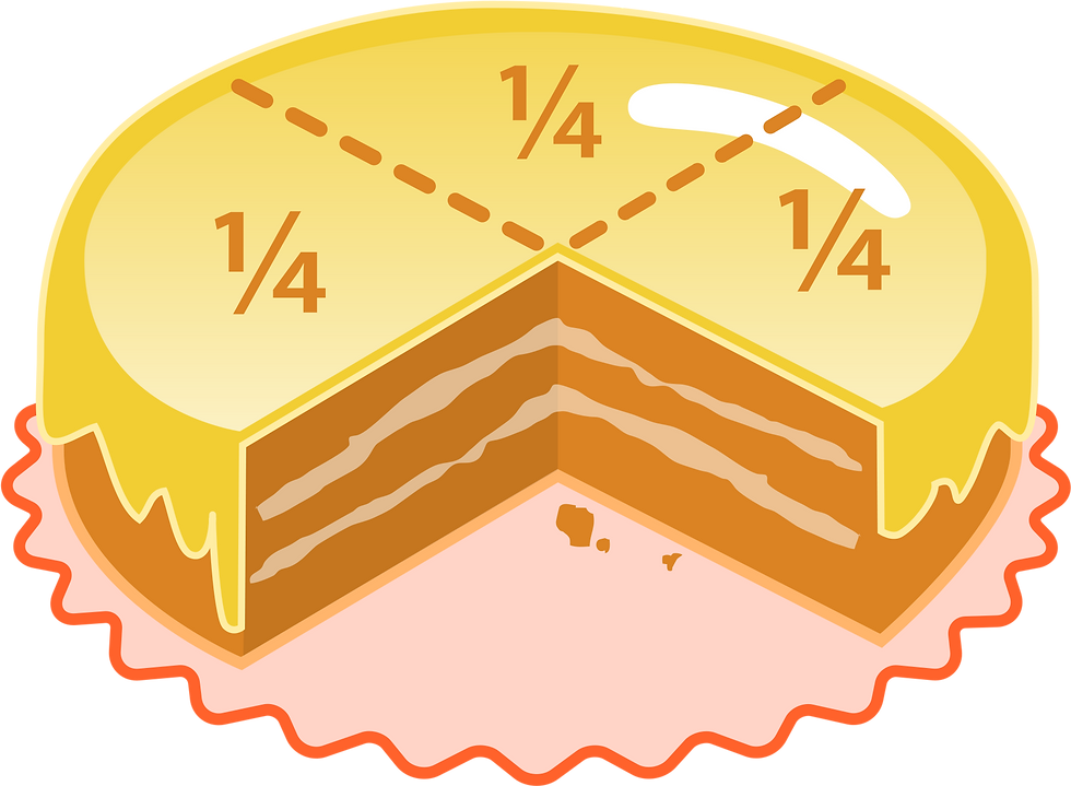 fractions in a cake 1/4th with on slice missing, showing 3/4 ths of a cartoon yellow cake