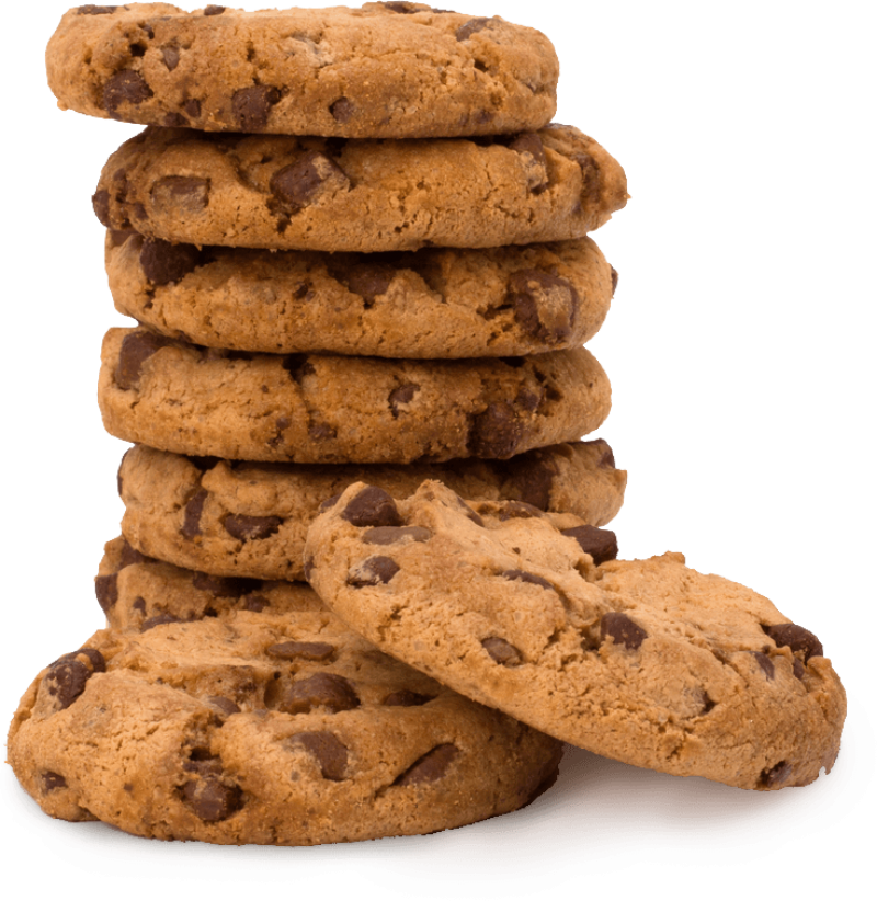 eight chocolate chip cookies stacked with two on the side