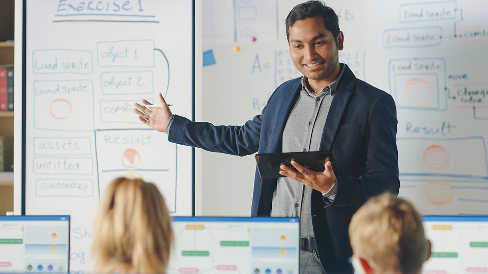 Elementary School Class_ Teacher Uses Interactive Digital Whiteboard, Explains Lesson to D